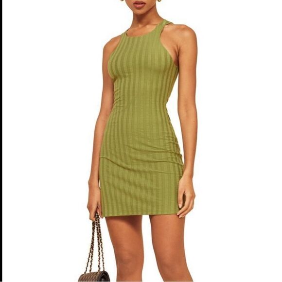 Reformation Mel Ribbed Mini Dress Avocado XL - Picture 1 of 9